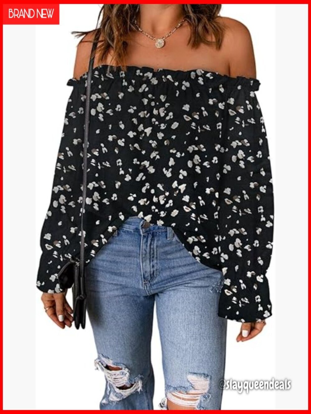 Off Shoulder Chiffon Blouse Long Sleeve Ruffle Neck Loose Fit Top